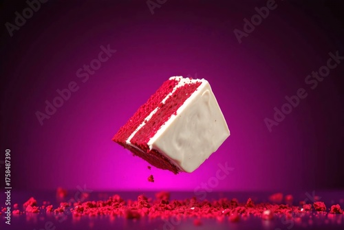 Red velvet cake bite with cream cheese frosting captured mid-air, highlighting rich texture and vibrant dessert styling.
