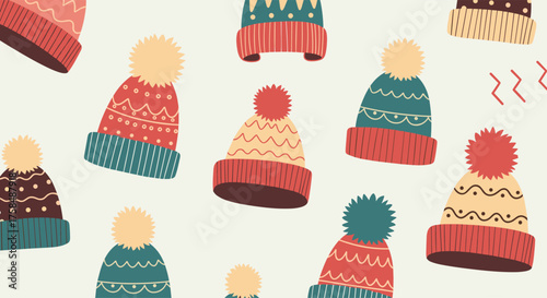 Winter hats with pom poms in a seamless pattern.
