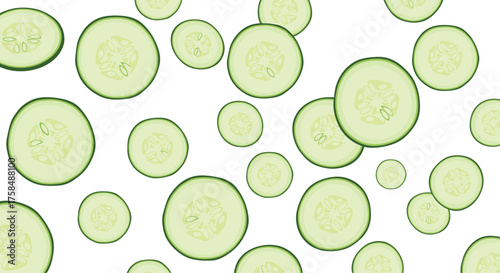 Fresh cucumber slices scattered across a white background.