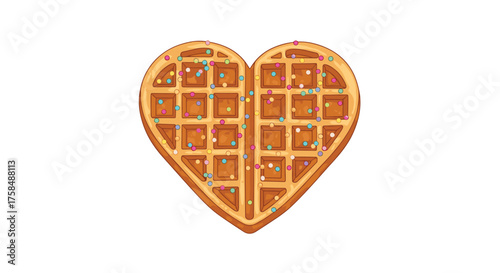 A delicious heart shaped waffle with colorful sprinkles is ready to be enjoyed.