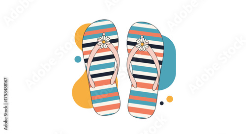 Colorful striped flip flops with playful flower adornments.