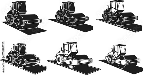 Road roller vector set, construction vehicle illustration, heavy machinery clipart, asphalt compactor graphic, civil engineering equipment, black and white silhouette