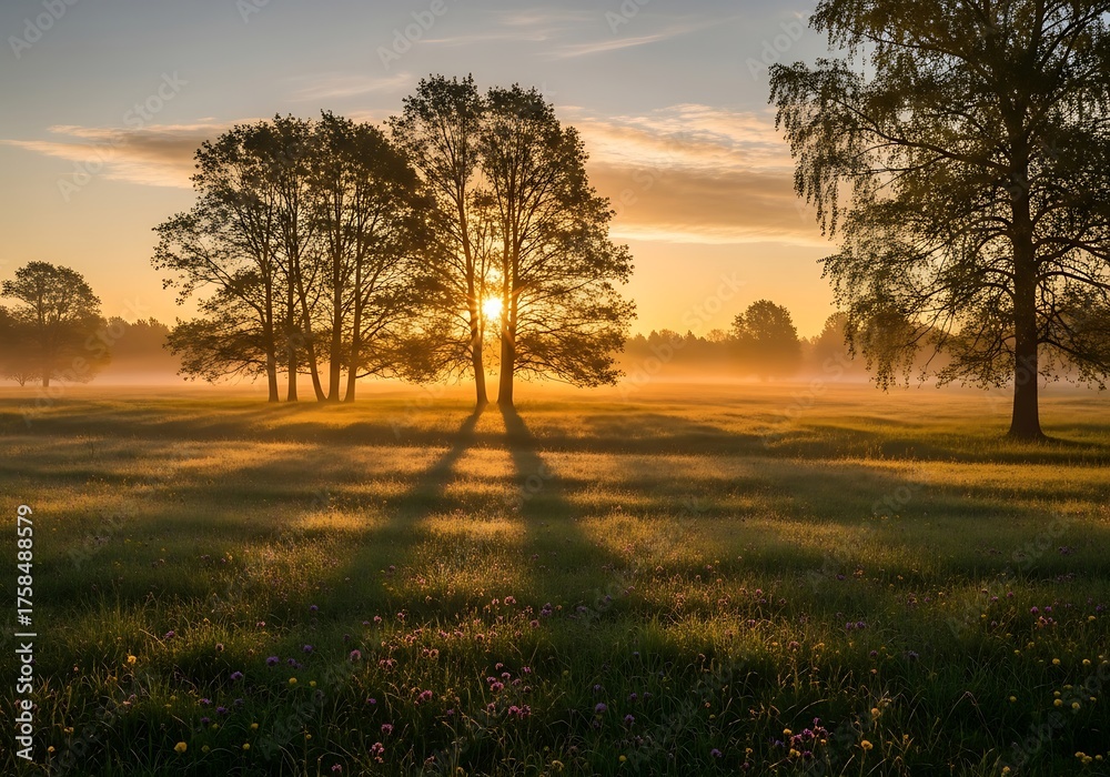 Naklejka premium Serene morning glow bathes a misty meadow with trees and wildflowers