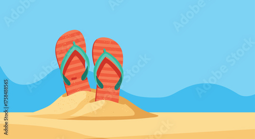 A pair of flip flops standing in the sand at the beach.