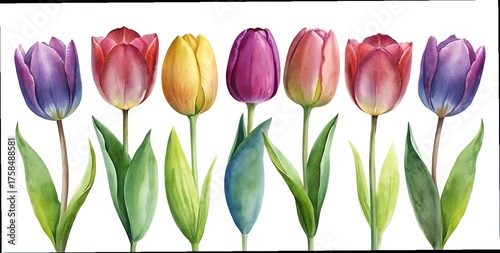 Watercolor tulips in a row with vibrant and contrasting colors against white