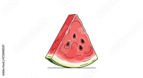 A juicy slice of watermelon with black seeds is shown.
