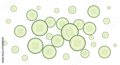 Fresh sliced cucumber circles scattered on a white background.