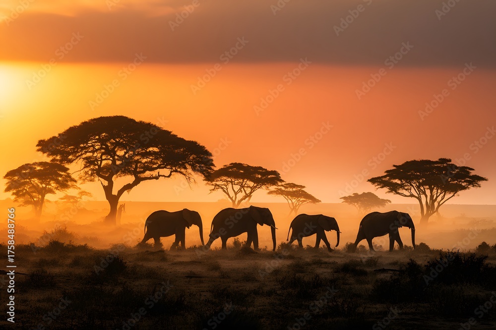 Obraz premium Elephants walk across the savanna landscape during a vibrant sunset.