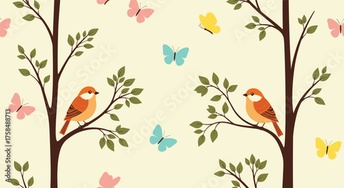 Two birds sitting on branches with butterflies flying around.