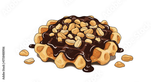 A delicious waffle with rich chocolate sauce and crunchy nuts is a perfect treat.
