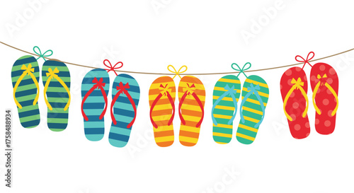 Colorful flip flops hanging on a clothesline for a summer day.