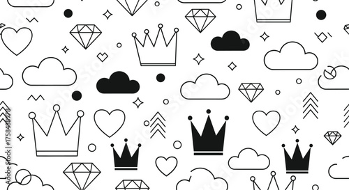 A charming pattern of royal crowns hearts and clouds in a monochrome design.
