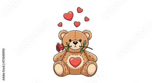 A cute teddy bear holding a red rose with hearts floating above.