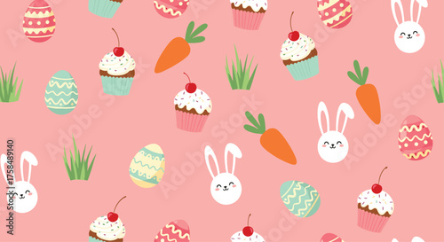 A cheerful pattern of cute easter treats and animals on a pink background.