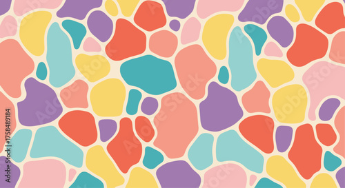 A vibrant abstract pattern composed of irregular organic shapes in a cheerful color palette.