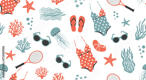 A vibrant beach day pattern with seashells and summer accessories.