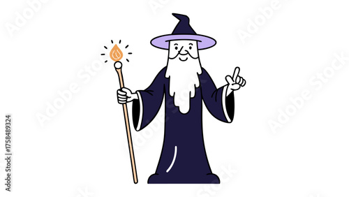 Animated Cartoon Wizard Conjuring Fireball with Magic Staff