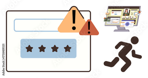 Lock icon with warning signs highlights password vulnerability. Ideal for cybersecurity, data protection, online safety, hacking awareness, digital responsibility, user behavior, simple flat metaphor