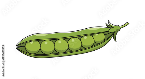 A close up of a green pea pod with several peas inside.