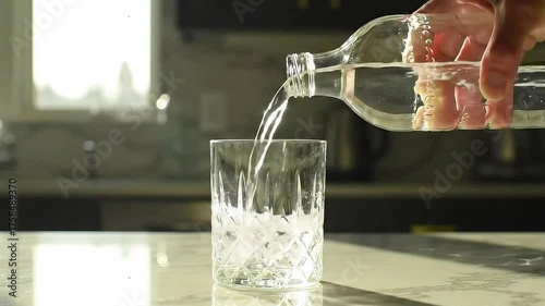 Mineral water pouring from its bottle into a glass close up view footage