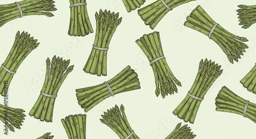 Healthy green asparagus bunches pattern with light background.