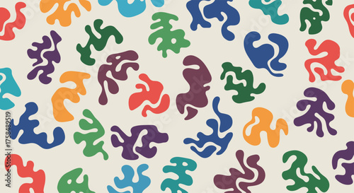 An abstract pattern of colorful organic shapes scattered on a cream background.