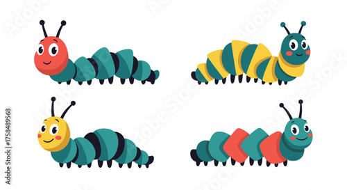 Four colorful cartoon caterpillars crawling in different directions.