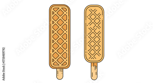 Two waffle ice cream bars on sticks on a white background.