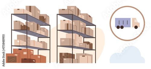 Organized warehouse shelves filled with boxes next to a delivery truck illustration. Ideal for logistics, storage, shipping, inventory, supply chain, retail, and packaging concepts in simple flat