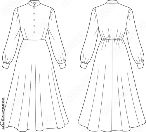Cad drawing flat vector illustration, long sleeve pleated dress front and back view, fashion sketch, garment template, clothing design