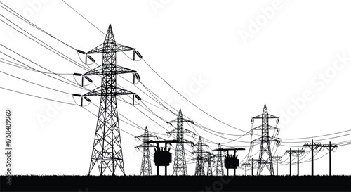 High voltage transmission towers and electrical substation silhouette with power lines network, energy distribution system, black and white industrial vector illustration design