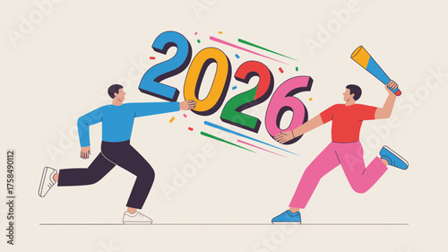 Two people celebrate the arrival of the year 2026 with colorful confetti