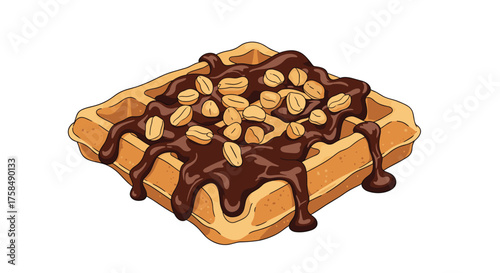 A close up of a waffle covered in chocolate sauce and nuts.