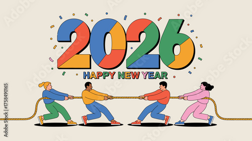 Happy new year 2026 tug of war celebration with confetti