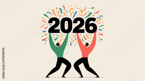 Two people celebrate the arrival of the year 2026 with confetti