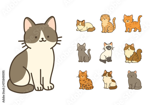 손으로 그린 듯한 귀여운 반려동물 고양이 일러스트 세트