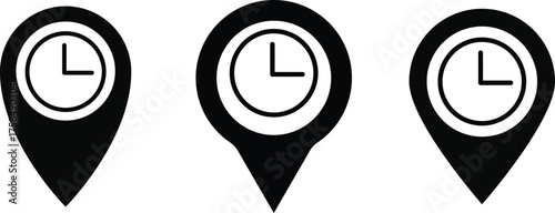 Real time location icon. Location icon. Map pin icon. Time symbol