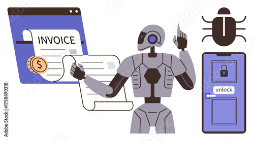 Futuristic robot interacting with invoices, dollar symbol, and locked door, representing automation, finance, cybersecurity, data handling, AI digital transformation innovation. Simple flat