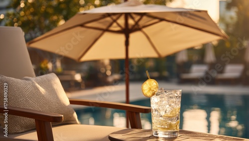 Relaxing poolside drink at sunset