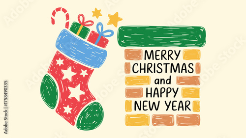 Christmas stocking filled with gifts and candy cane with merry christmas and happy new year text