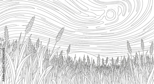 A black and white drawing of a sunlit forest with a rough sketch of trees and a wavy line sky.
