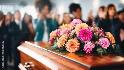 Funeral ceremony with colorful flower arrangement