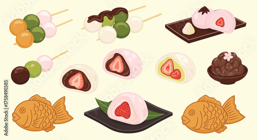 A collection of delicious Japanese sweets and desserts with colorful fruit.