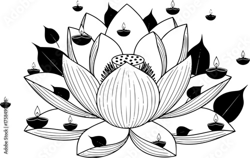 Lotus flower line art style, Vesak day elements vector
