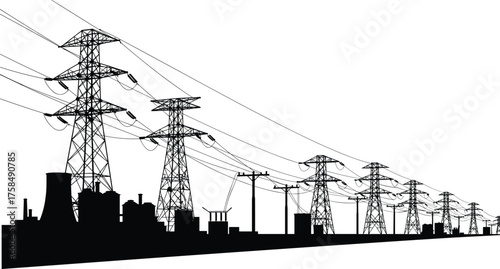 High voltage transmission towers and power lines silhouette with industrial plant and electrical infrastructure, black and white energy distribution vector illustration design