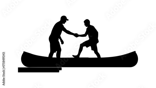 Men helping each other in a canoe with transparent background
