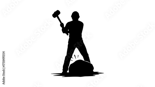 Worker breaking rock with transparent background