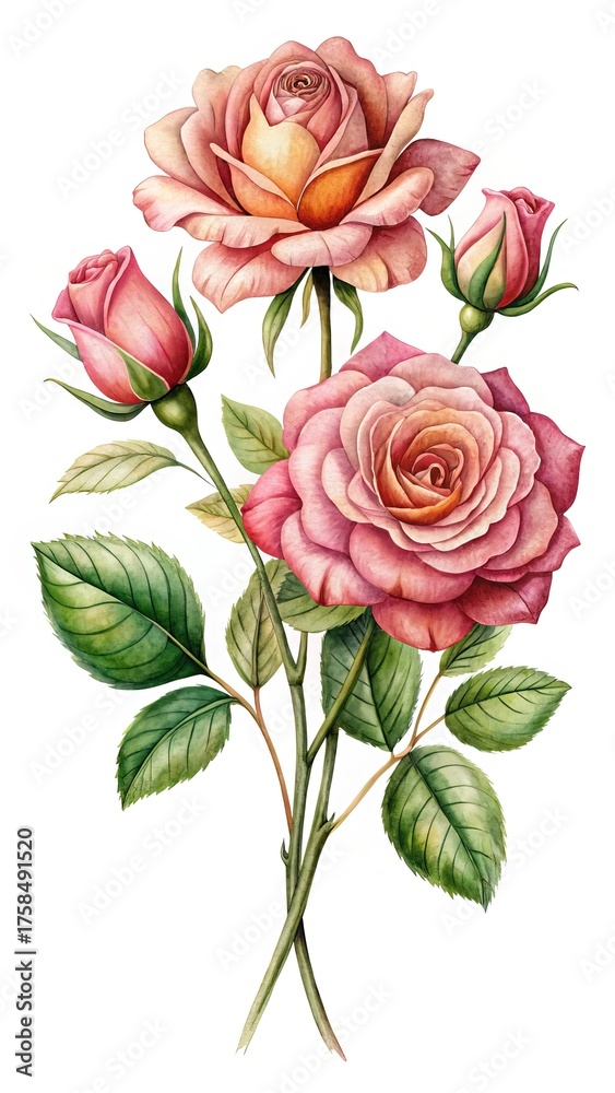 Naklejka premium Watercolor Painting of a Beautiful Rose Bouquet with Delicate Petals and Green Leaves