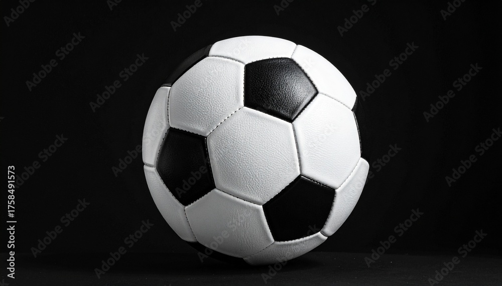 Fototapeta premium Classic black and white soccer ball with pentagon-hexagon pattern, isolated on solid black background