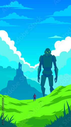 Silhouette of a giant robot and a person in nature